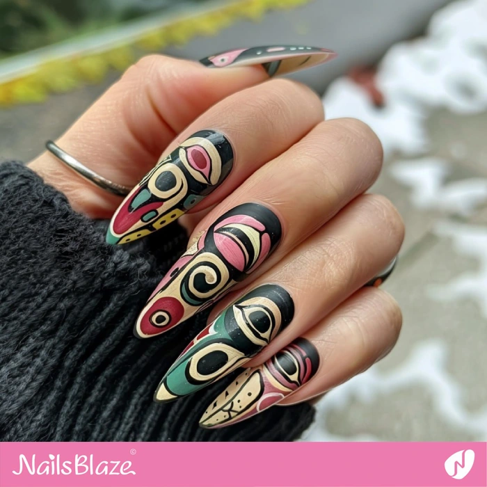 Haida Vintage Theme Russian Almond Nails | Tribal Nails - NB4597